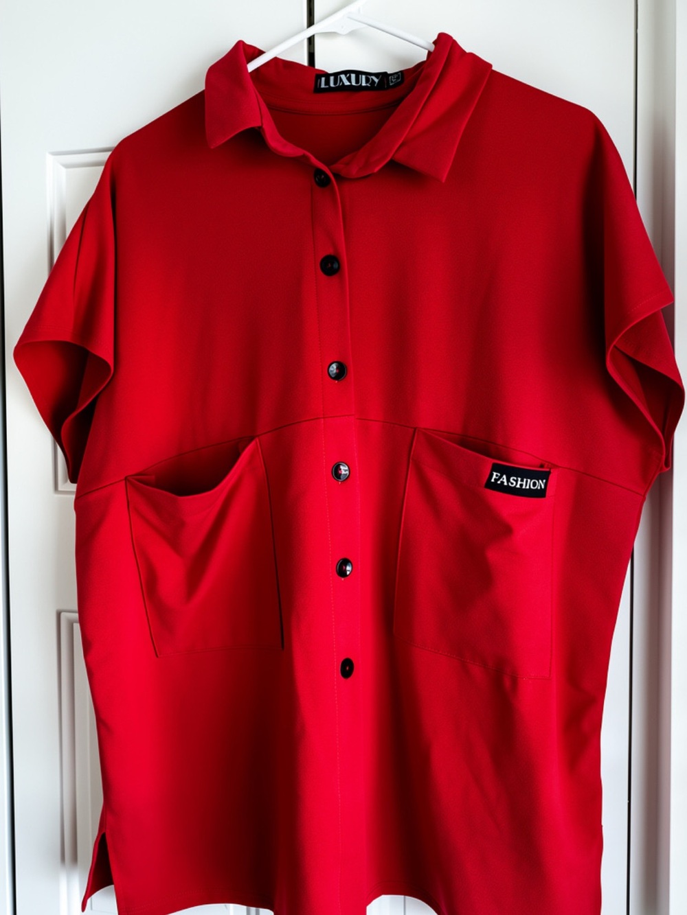 Red Two-Piece Relaxed Button-Up Set - Picture 6 of 7